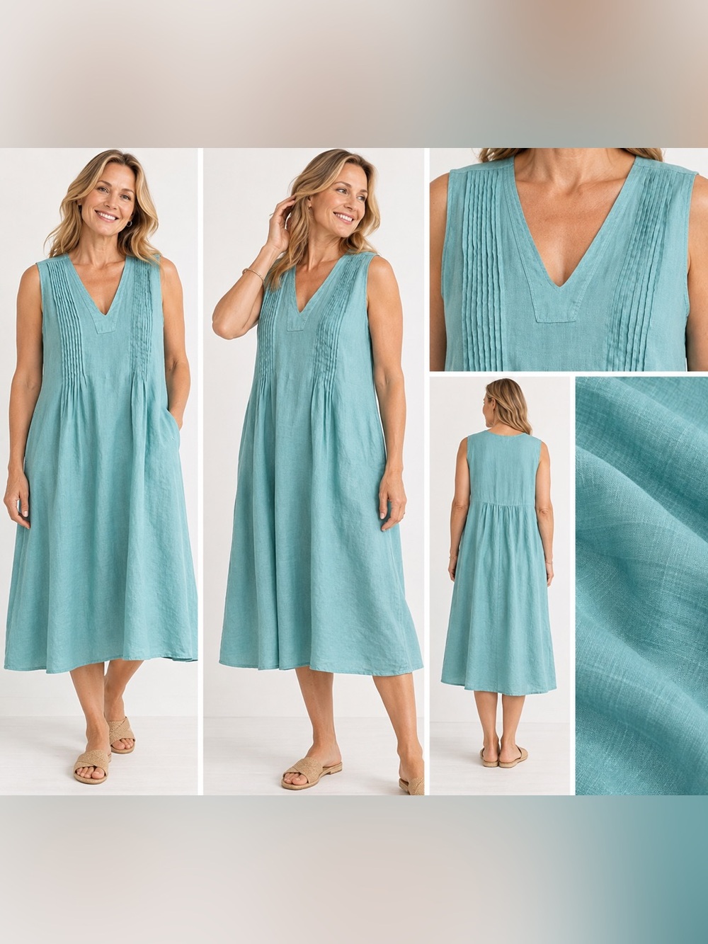 Pure Jill J.Jill Linen Pintucked Dress Teal Aqua 2X V Neck A-Line